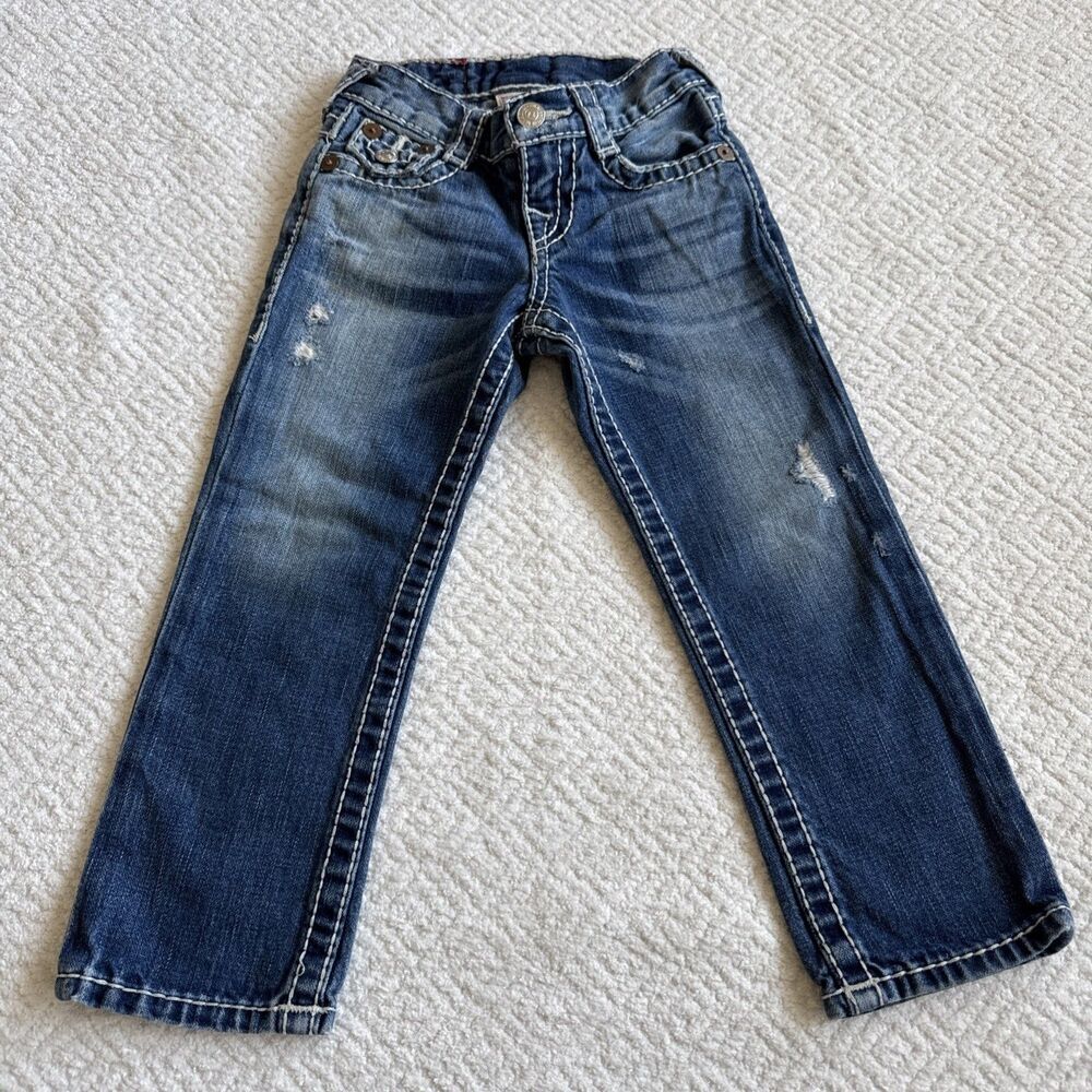 True Religion Girls Size 3 Bootcut Blue Jeans White Sitching Logo Billy Super T